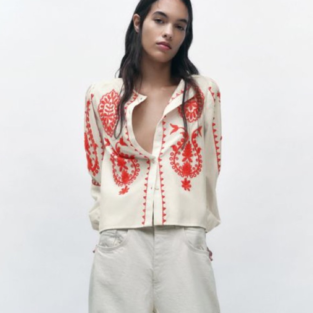 Zara embroidered peasant puff sleeve top linen blend white red size medium